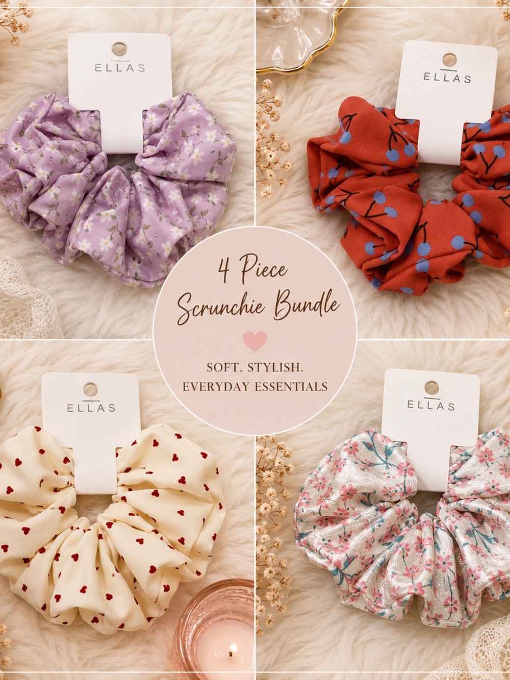 Ella Girls 4-Pack Scrunchies in Lavender, Rust, Cream & Floral Pastel
